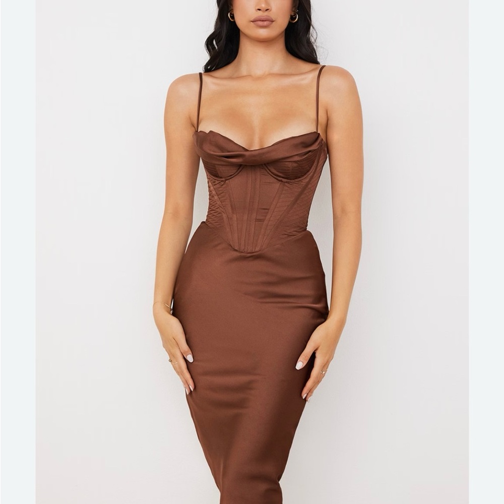 House Of Cb Myrna Chocolate Brown Satin Corset Midi Dress